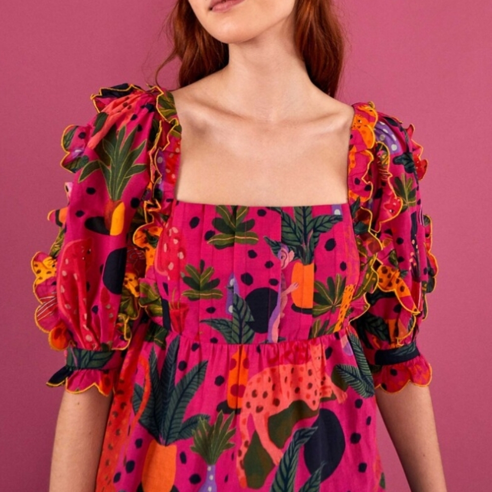 Farm Rio Pop Leopards Blouse Size Small NWT Valentine's Spring Beach Vacay - Picture 6 of 16